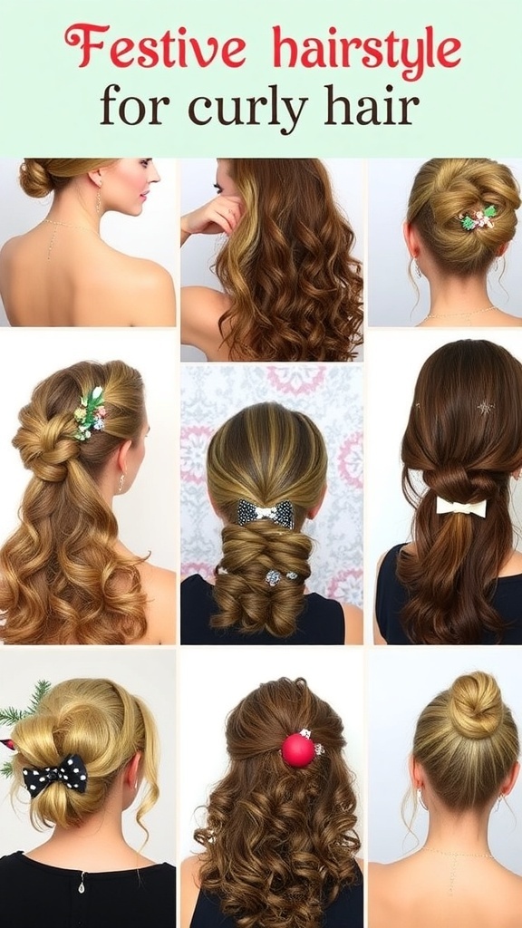 Collage of Christmas hairstyles for curly hair including updos, braids, and ponytails.